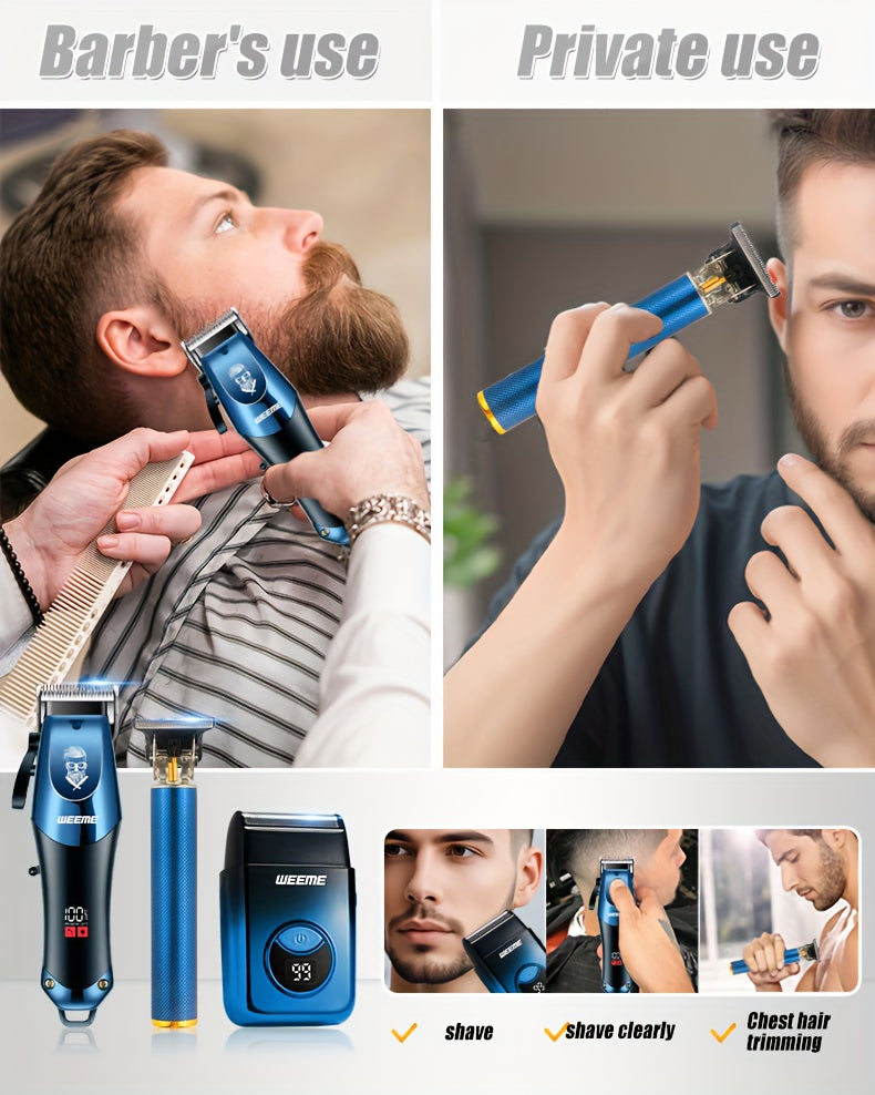 WEEME 4pcs Men's Grooming Kit: Electric Hair Clipper, Nose Trimmer, Shaver & Lithium Battery Set with USB Charging, & 4-in-1 Attachments-like Functionality - Ideal Gift for Men, Beard & Body Hair Care (Blue