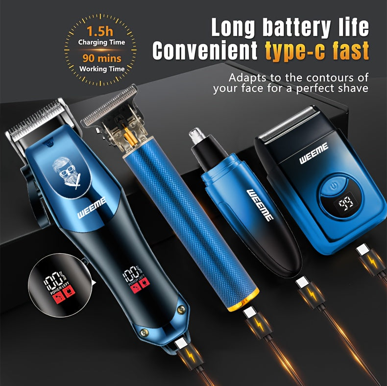 WEEME 4pcs Men's Grooming Kit: Electric Hair Clipper, Nose Trimmer, Shaver & Lithium Battery Set with USB Charging, & 4-in-1 Attachments-like Functionality - Ideal Gift for Men, Beard & Body Hair Care (Blue