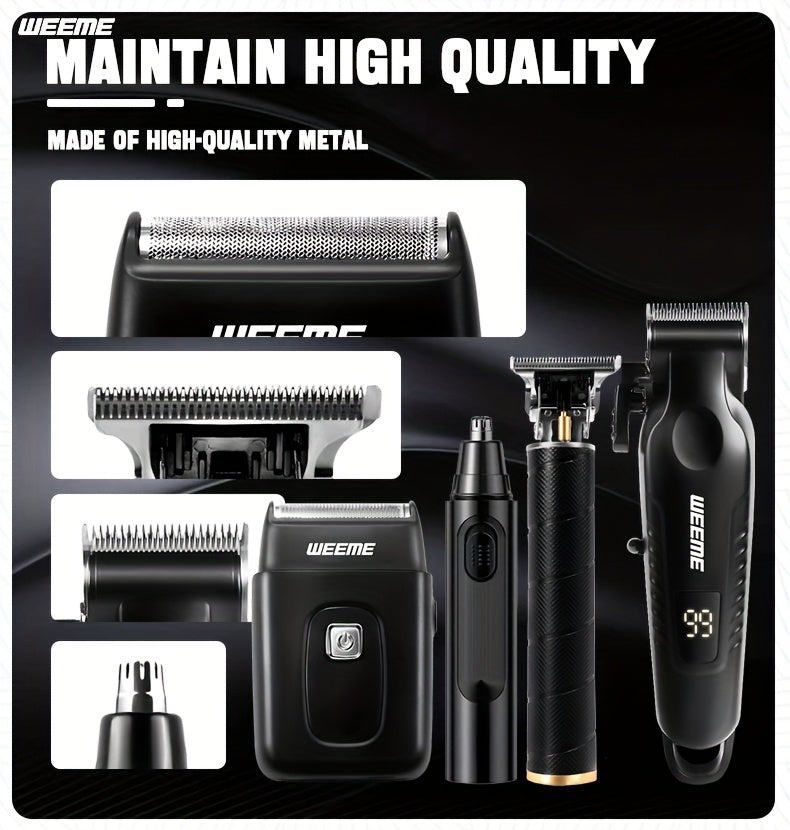 [Ideal Gift] WEEME 4pcs Men's Grooming Kit - Professional USB Rechargeable Hair Clipper Set With Nose Trimmer, Electric Shaver, Detail Trimmer, Ideal Father's Day Gift, Supports USB Charging, Includes 8Limit Combs, Perfect Fo