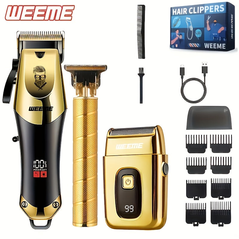 Men'S Grooming Kit 3pcs Set, Golden Balck Hair Clippers With LCD Display, USBRechargeable, 8 Guide Combs, Trimmer And Shaver, With Cleaning Brushes And CombGift For Men