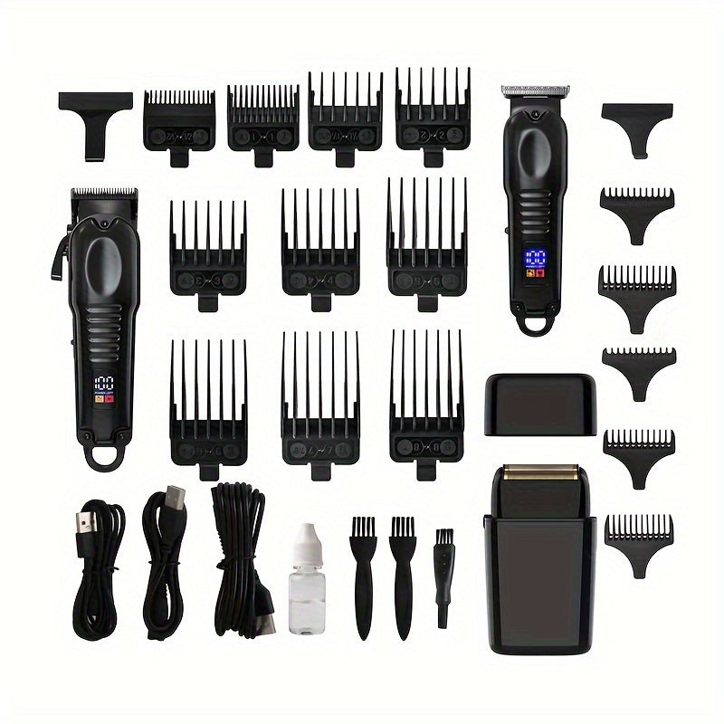 3-in-1 Professional Men's Grooming Kit: Wireless Hair Clipper, Trimmer & Electric Foil Shaver with LED Display - USB Rechargeable, Perfect for Home, Travel & Barbershops