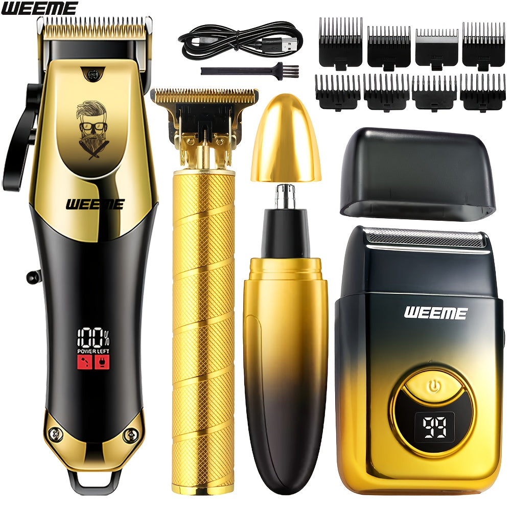 WEEME 4pcs Men's Grooming Kit: Electric Hair Clipper, Nose Trimmer, Shaver & Lithium Battery Set with USB Charging, & 4-in-1 Attachments-like Functionality - Ideal Gift for Men, Beard & Body Hair Care (Blue