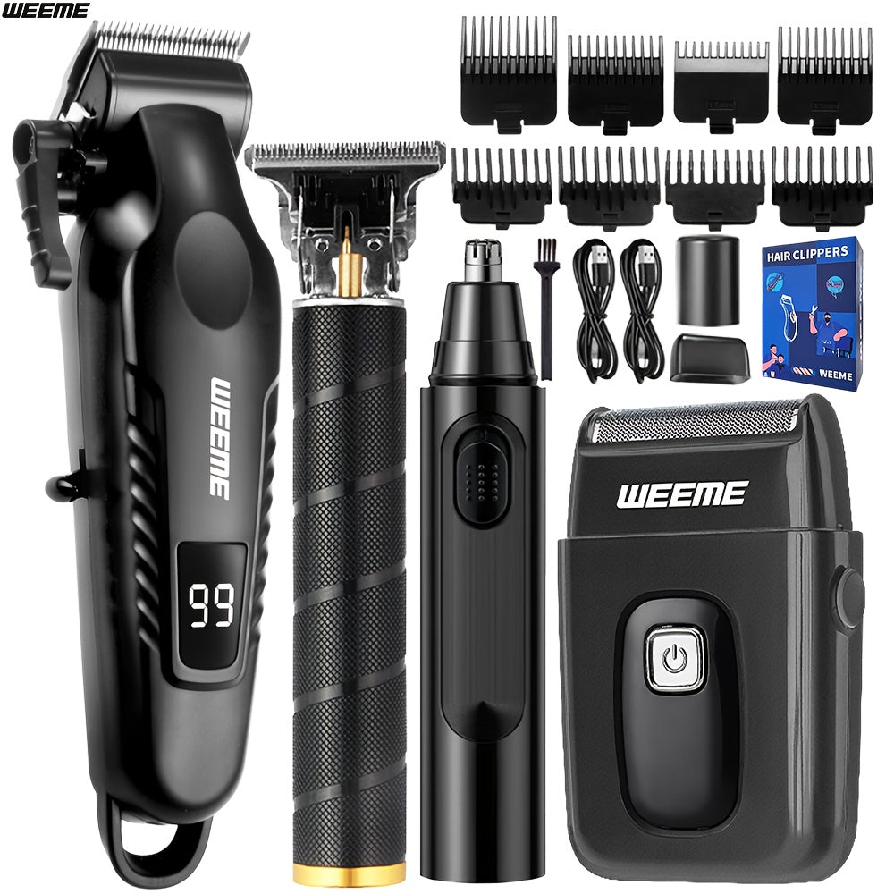 [Ideal Gift] WEEME 4pcs Men's Grooming Kit - Professional USB Rechargeable Hair Clipper Set With Nose Trimmer, Electric Shaver, Detail Trimmer, Ideal Father's Day Gift, Supports USB Charging, Includes 8Limit Combs, Perfect Fo