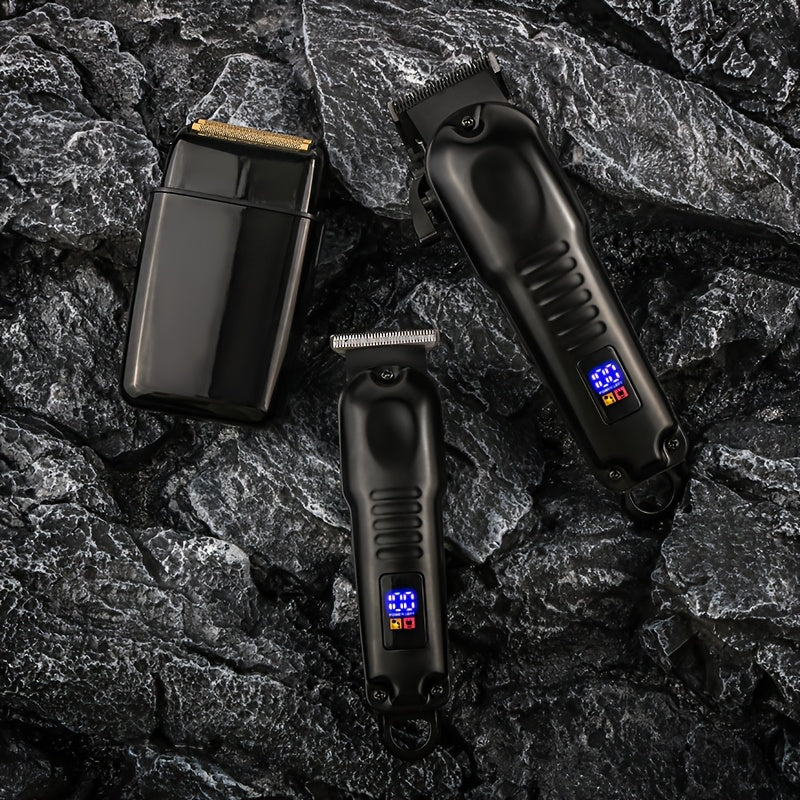 3-in-1 Professional Men's Grooming Kit: Wireless Hair Clipper, Trimmer & Electric Foil Shaver with LED Display - USB Rechargeable, Perfect for Home, Travel & Barbershops