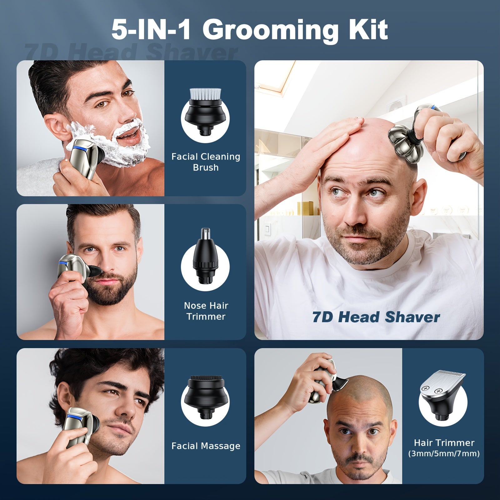 7D Head Shaver For Bald Men, Upgrade 5 In 1 Electric Razor Men's Grooming Kit, Detachable Anti-Pinch Head Shaver For Bald Men, LED Display Type-C Charge Head Shaver, Gifts For Men, Father's Day Gift