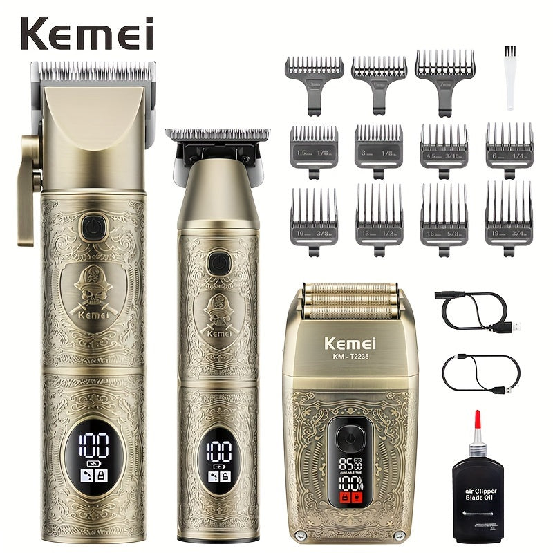 Kemei 3 Pcs/1 Set Men's Professional Cordless Barber And Beard Trimmer Set Men's Grooming Set LED Display Perfect Holiday Gift For Home, Hair Salon