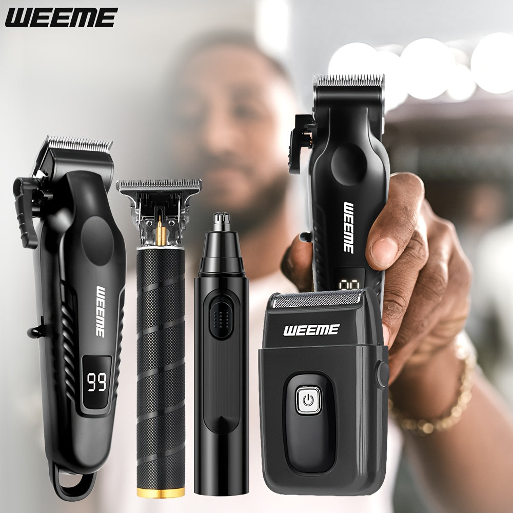 [Ideal Gift] WEEME 4pcs Men's Grooming Kit - Professional USB Rechargeable Hair Clipper Set With Nose Trimmer, Electric Shaver, Detail Trimmer, Ideal Father's Day Gift, Supports USB Charging, Includes 8Limit Combs, Perfect Fo