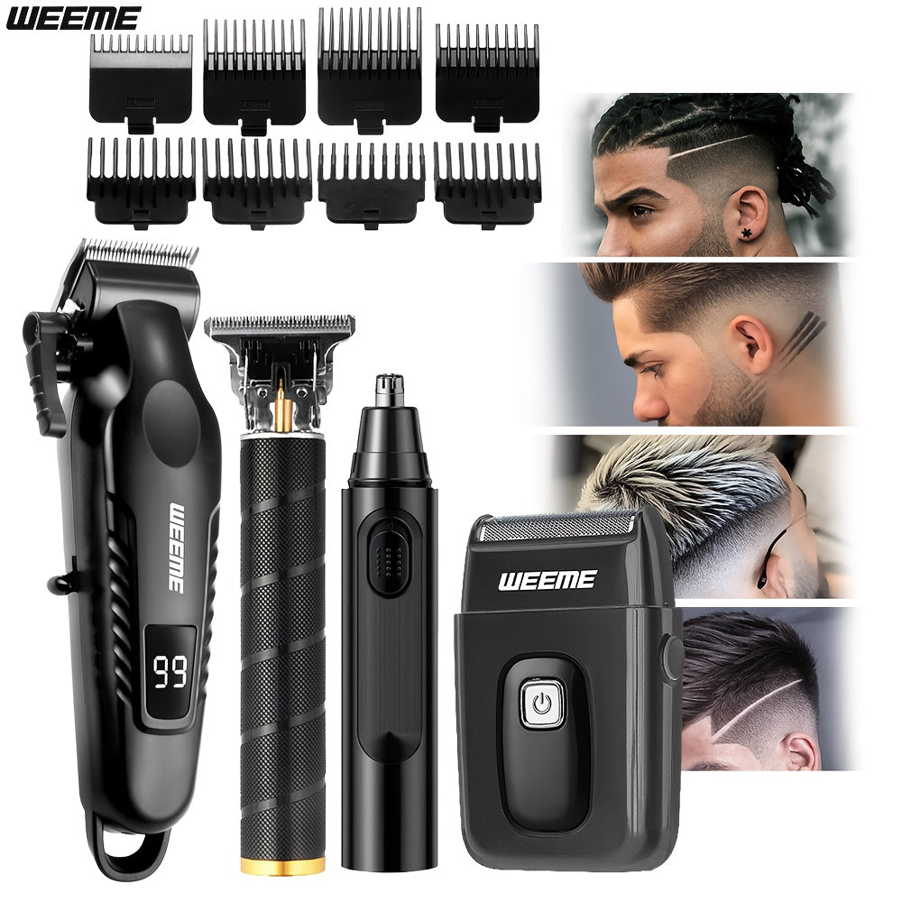 [Ideal Gift] WEEME 4pcs Men's Grooming Kit - Professional USB Rechargeable Hair Clipper Set With Nose Trimmer, Electric Shaver, Detail Trimmer, Ideal Father's Day Gift, Supports USB Charging, Includes 8Limit Combs, Perfect Fo