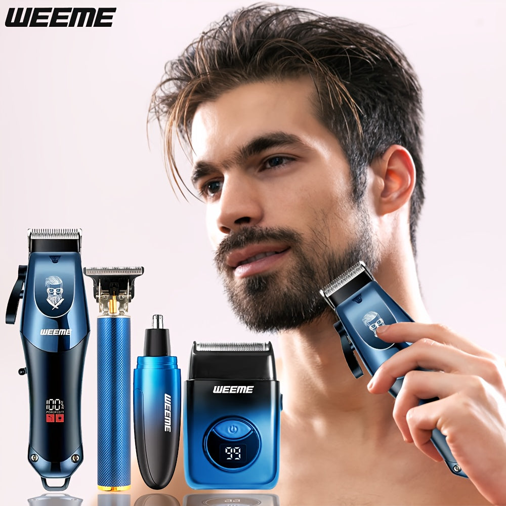 WEEME 4pcs Men's Grooming Kit: Electric Hair Clipper, Nose Trimmer, Shaver & Lithium Battery Set with USB Charging, & 4-in-1 Attachments-like Functionality - Ideal Gift for Men, Beard & Body Hair Care (Blue