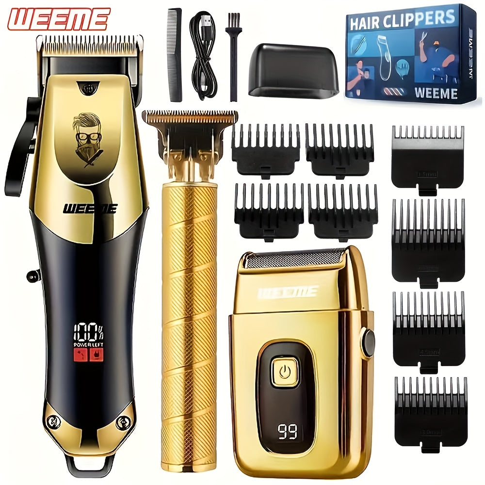 Men'S Grooming Kit 3pcs Set, Golden Balck Hair Clippers With LCD Display, USBRechargeable, 8 Guide Combs, Trimmer And Shaver, With Cleaning Brushes And CombGift For Men