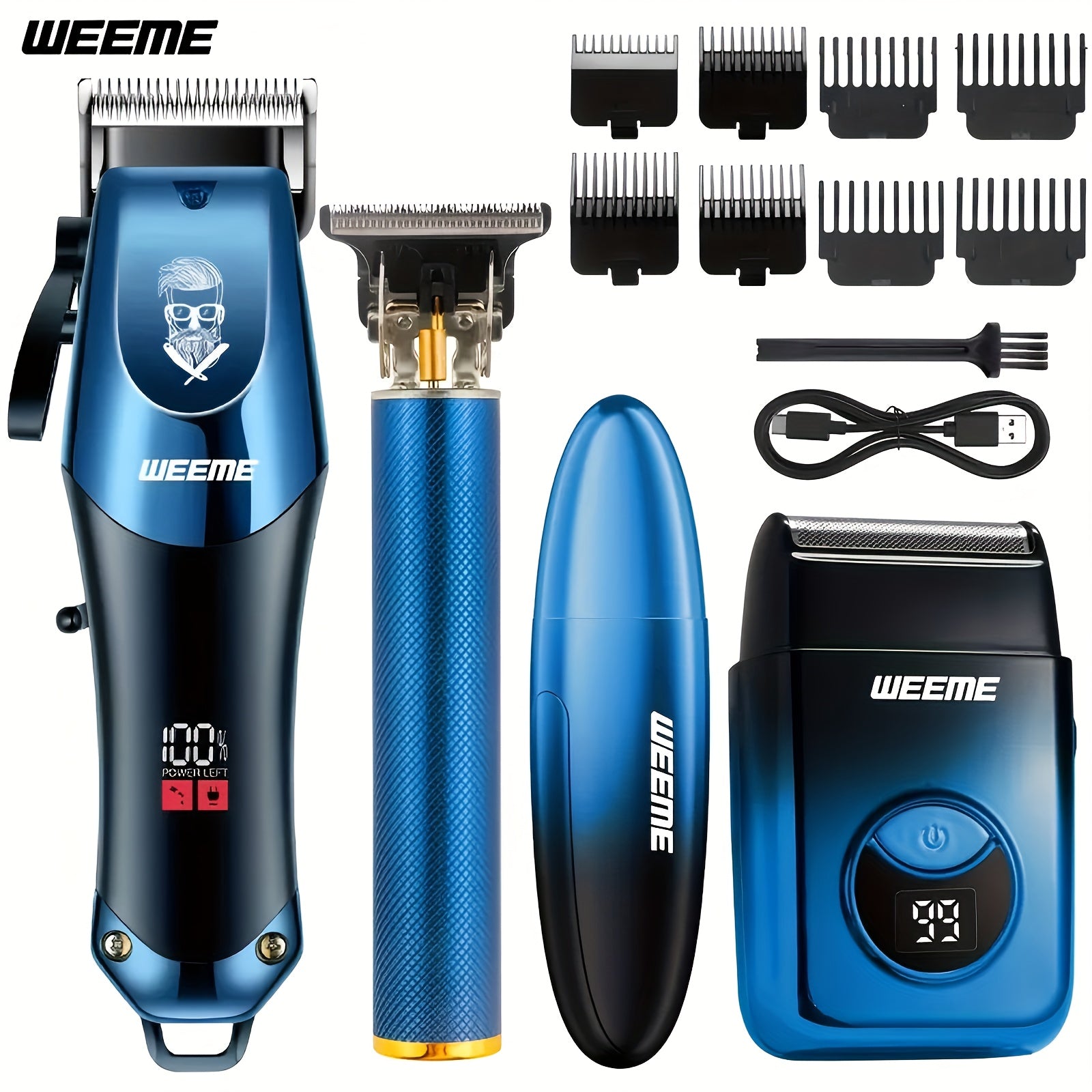 WEEME 4pcs Men's Grooming Kit: Electric Hair Clipper, Nose Trimmer, Shaver & Lithium Battery Set with USB Charging, & 4-in-1 Attachments-like Functionality - Ideal Gift for Men, Beard & Body Hair Care (Blue