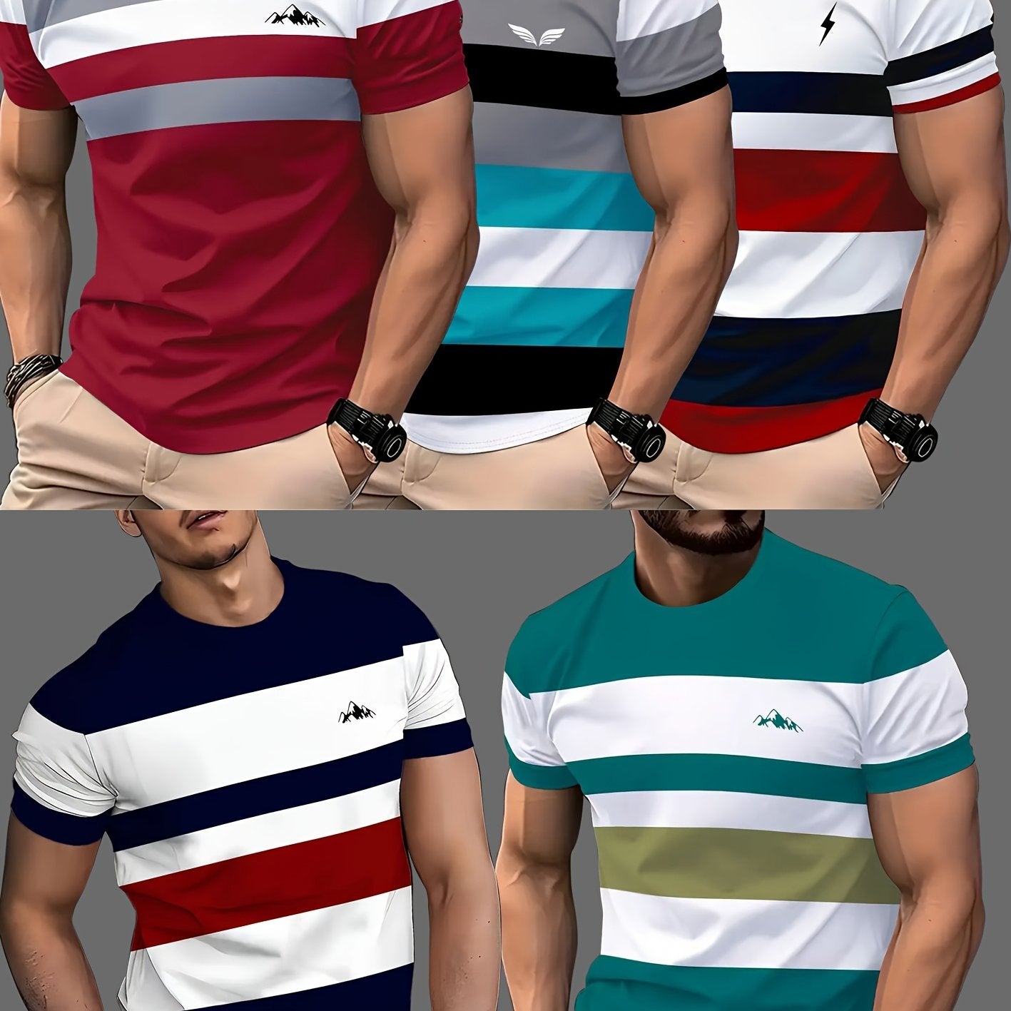 Set of 5 Stylish 3D Digital Print Striped Men'S T-Shirts
