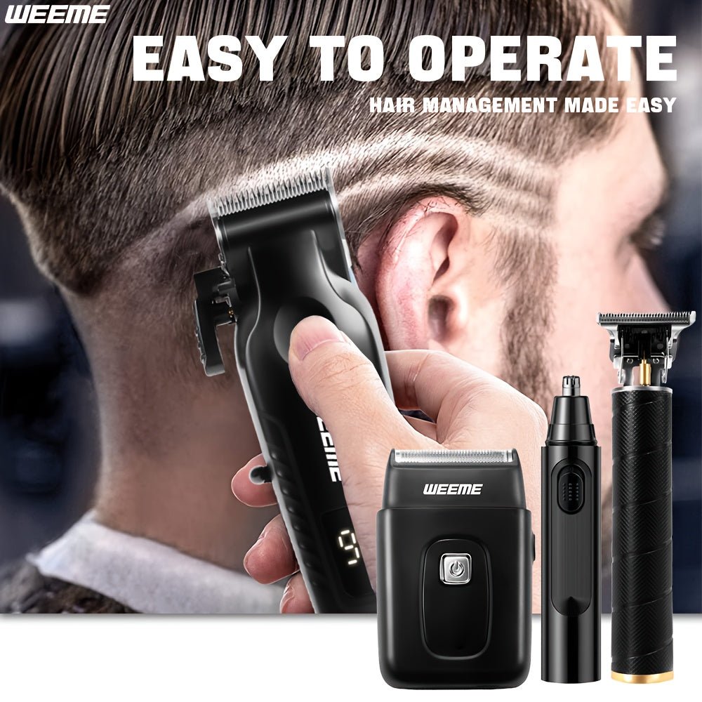 [Ideal Gift] WEEME 4pcs Men's Grooming Kit - Professional USB Rechargeable Hair Clipper Set With Nose Trimmer, Electric Shaver, Detail Trimmer, Ideal Father's Day Gift, Supports USB Charging, Includes 8Limit Combs, Perfect Fo
