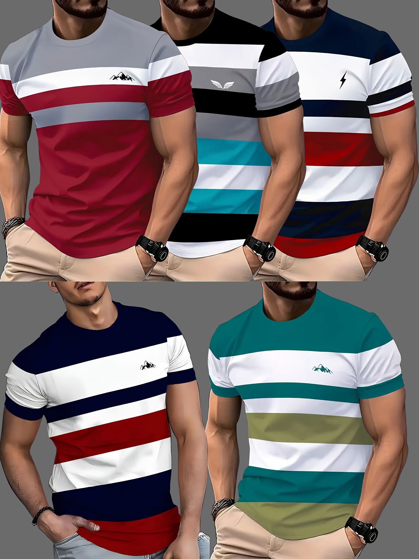 Set of 5 Stylish 3D Digital Print Striped Men'S T-Shirts
