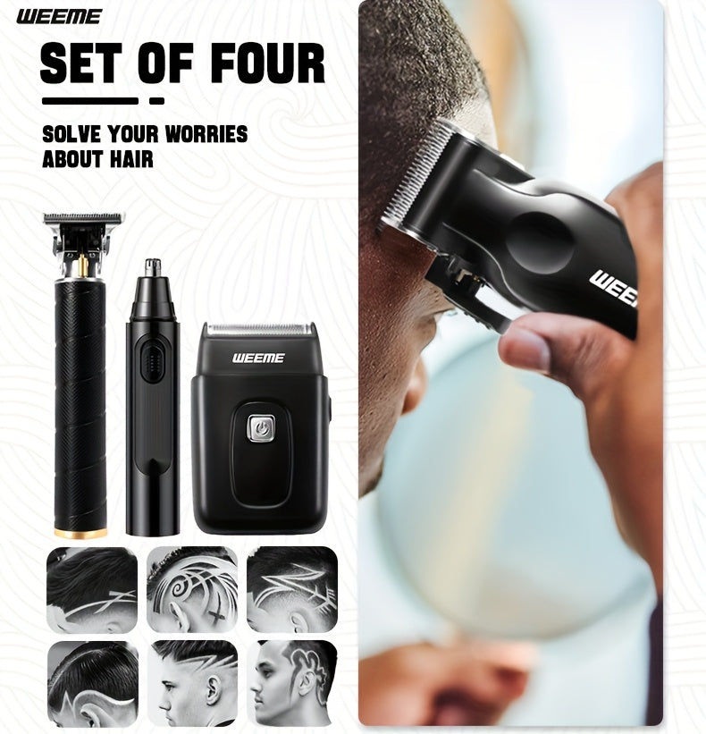 [Ideal Gift] WEEME 4pcs Men's Grooming Kit - Professional USB Rechargeable Hair Clipper Set With Nose Trimmer, Electric Shaver, Detail Trimmer, Ideal Father's Day Gift, Supports USB Charging, Includes 8Limit Combs, Perfect Fo