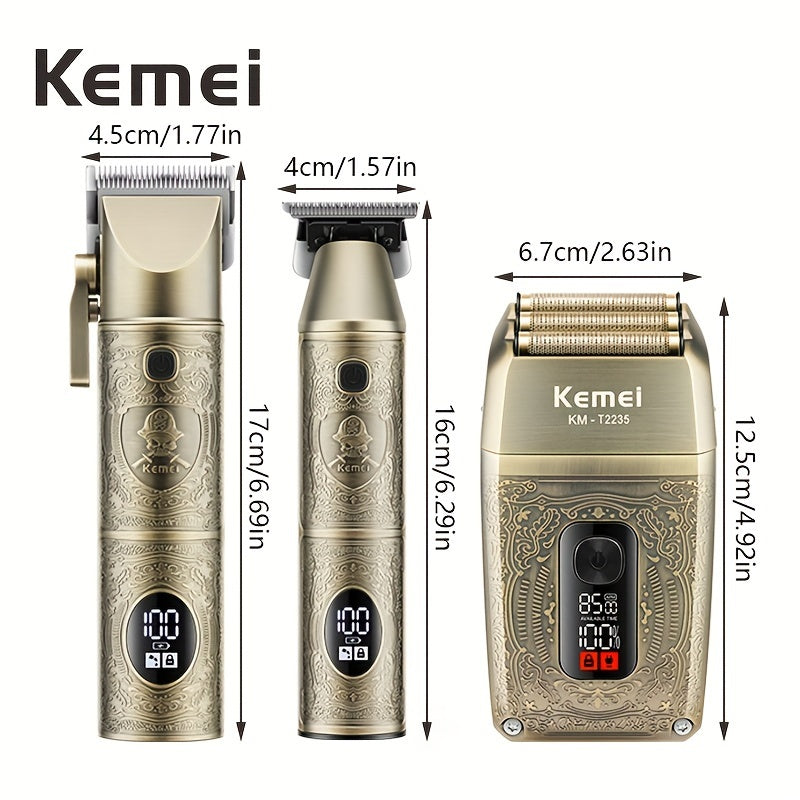 Kemei 3 Pcs/1 Set Men's Professional Cordless Barber And Beard Trimmer Set Men's Grooming Set LED Display Perfect Holiday Gift For Home, Hair Salon