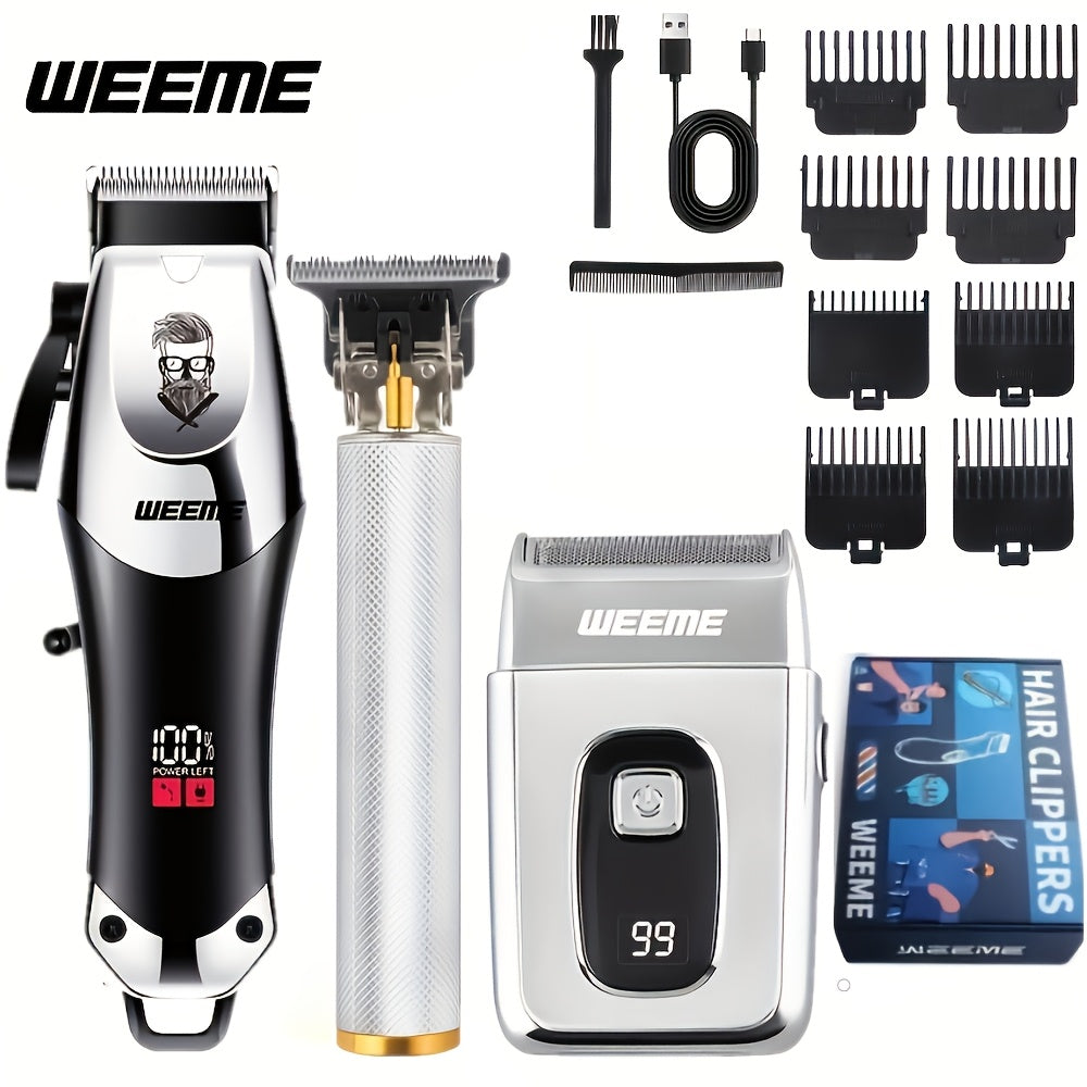 Men'S Grooming Kit 3pcs Set, Golden Balck Hair Clippers With LCD Display, USBRechargeable, 8 Guide Combs, Trimmer And Shaver, With Cleaning Brushes And CombGift For Men