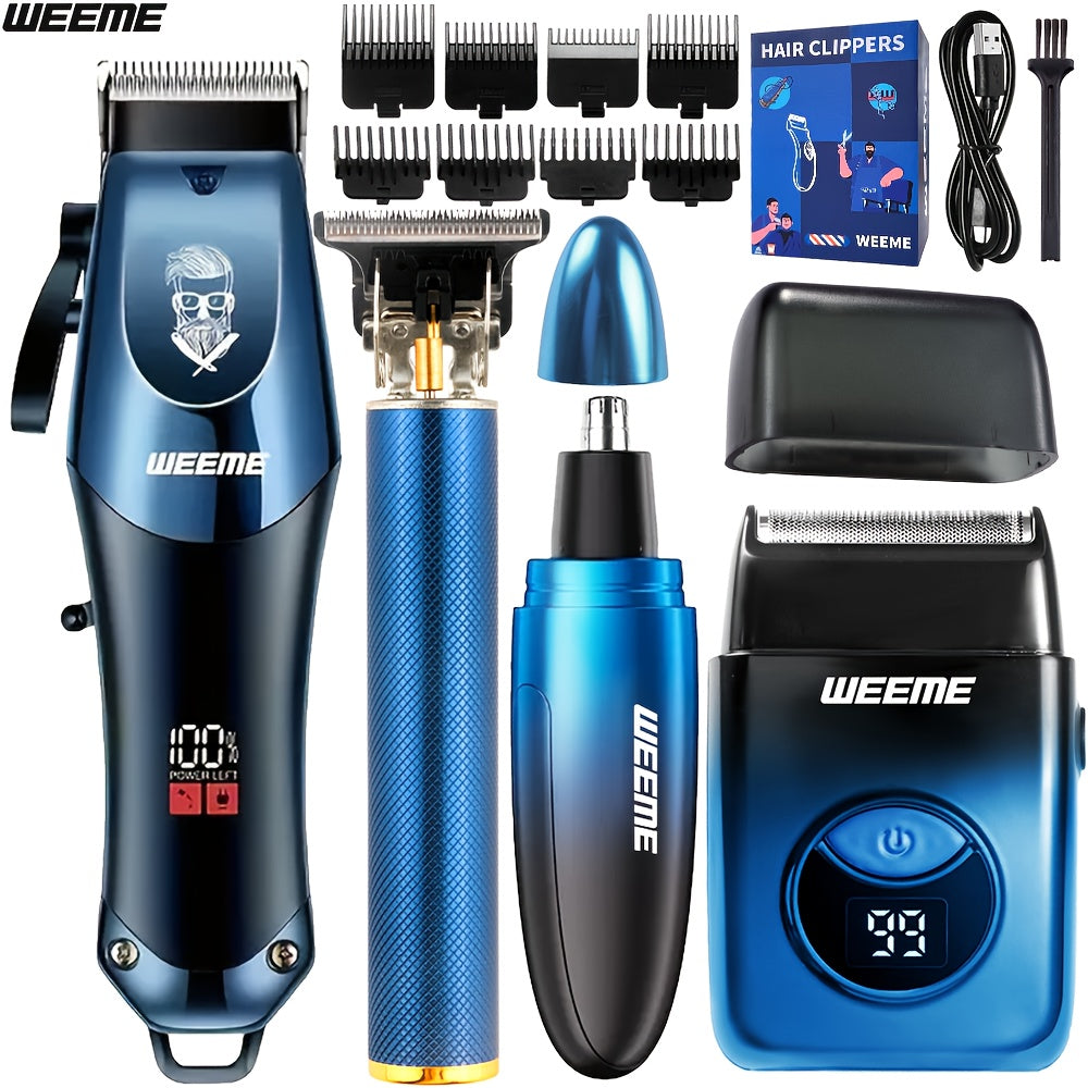 WEEME 4pcs Men's Grooming Kit: Electric Hair Clipper, Nose Trimmer, Shaver & Lithium Battery Set with USB Charging, & 4-in-1 Attachments-like Functionality - Ideal Gift for Men, Beard & Body Hair Care (Blue