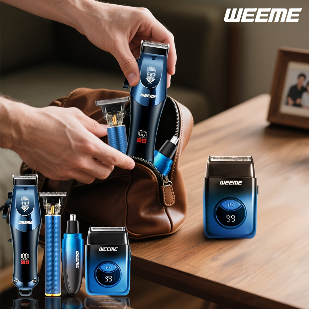 WEEME 4pcs Men's Grooming Kit: Electric Hair Clipper, Nose Trimmer, Shaver & Lithium Battery Set with USB Charging, & 4-in-1 Attachments-like Functionality - Ideal Gift for Men, Beard & Body Hair Care (Blue