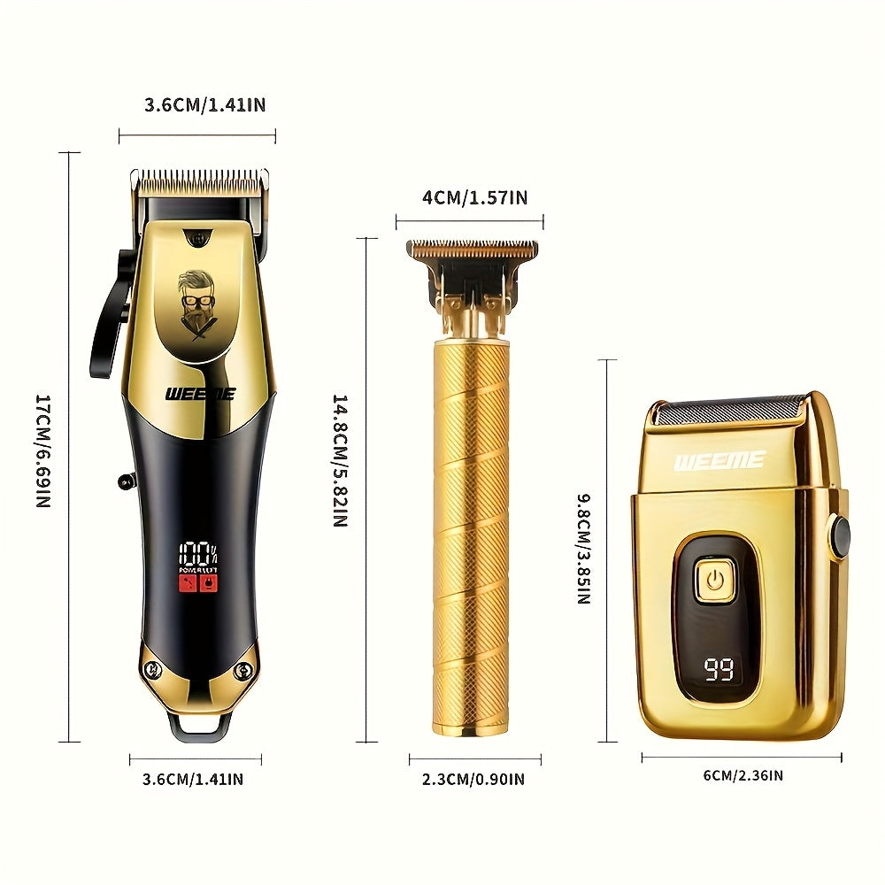 Men'S Grooming Kit 3pcs Set, Golden Balck Hair Clippers With LCD Display, USBRechargeable, 8 Guide Combs, Trimmer And Shaver, With Cleaning Brushes And CombGift For Men