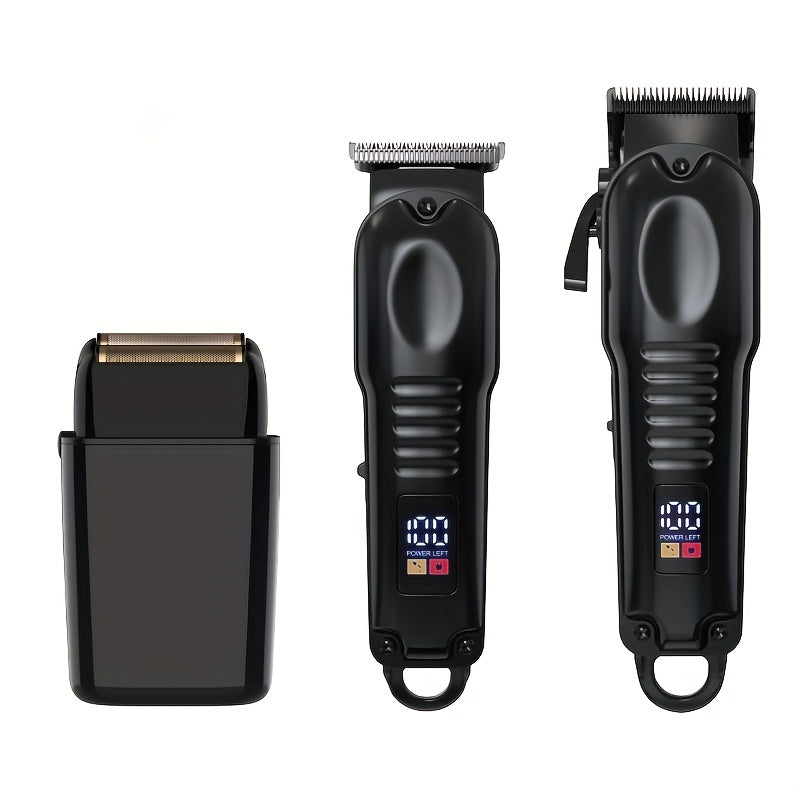 3-in-1 Professional Men's Grooming Kit: Wireless Hair Clipper, Trimmer & Electric Foil Shaver with LED Display - USB Rechargeable, Perfect for Home, Travel & Barbershops