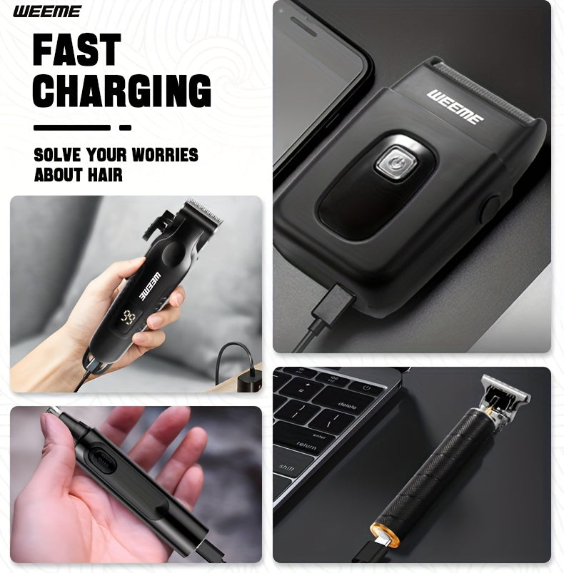 [Ideal Gift] WEEME 4pcs Men's Grooming Kit - Professional USB Rechargeable Hair Clipper Set With Nose Trimmer, Electric Shaver, Detail Trimmer, Ideal Father's Day Gift, Supports USB Charging, Includes 8Limit Combs, Perfect Fo