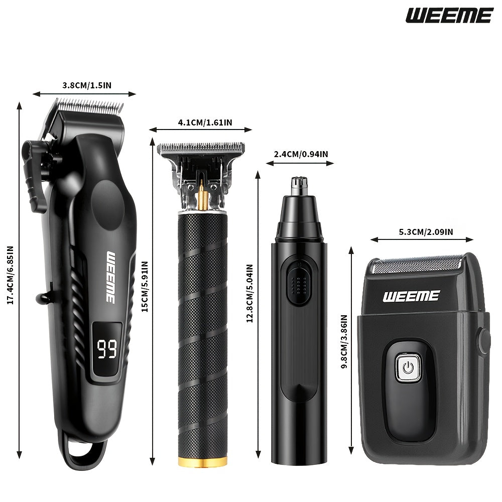 [Ideal Gift] WEEME 4pcs Men's Grooming Kit - Professional USB Rechargeable Hair Clipper Set With Nose Trimmer, Electric Shaver, Detail Trimmer, Ideal Father's Day Gift, Supports USB Charging, Includes 8Limit Combs, Perfect Fo