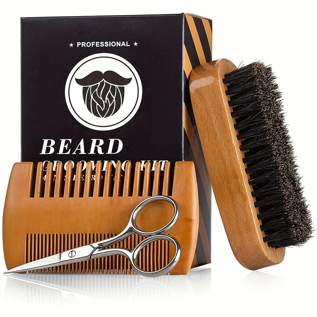 Wooden Beard and Comb Set for Men - Perfect for Beards Head Hair and Mustaches Men's Grooming Kit for Styling, contain Wooden Comb, Beard Brush, Small Scissors & More for Better Hair Care, Father's Day, Christmas, Halloween,
