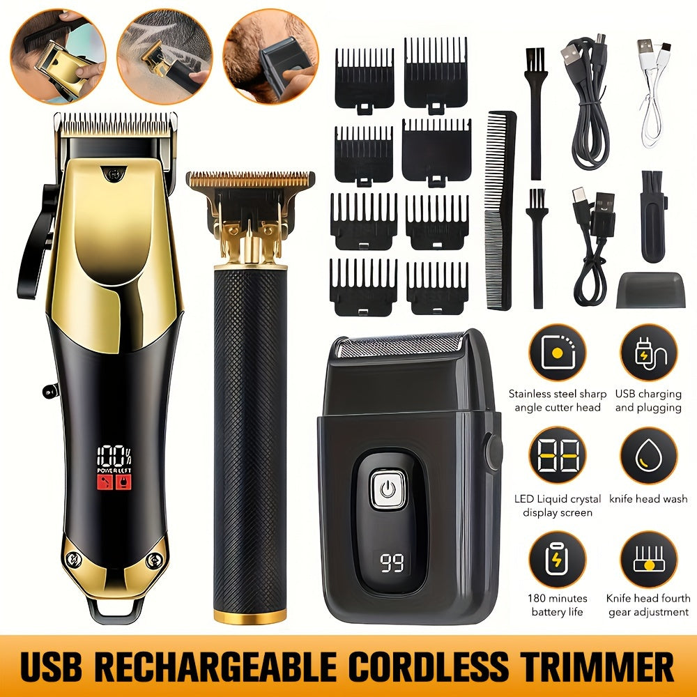 3pcs Professional Men's Grooming Kit: Cordless T-Blade Hair Clippers & Trimmer Set with LCD Display, USB Rechargeable, 2300mAh Battery - Includes Comb, Accessories & Cleaning Tools