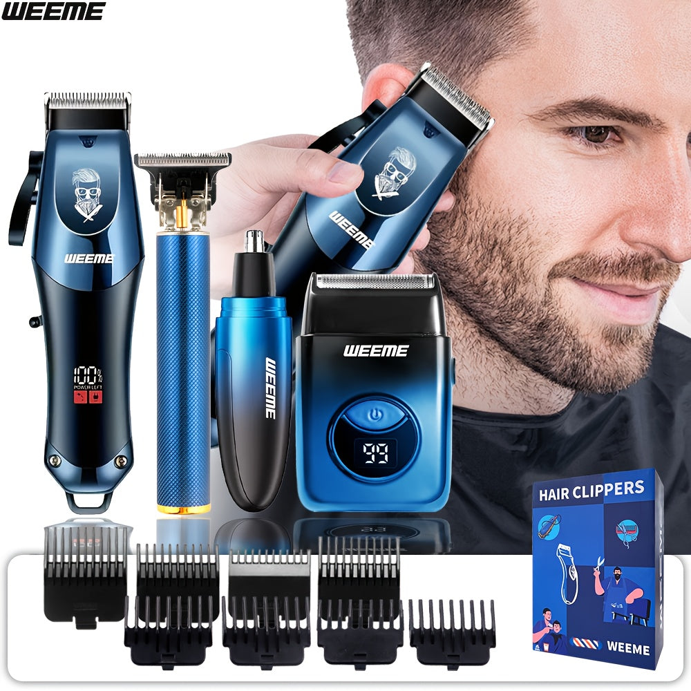 WEEME 4pcs Men's Grooming Kit: Electric Hair Clipper, Nose Trimmer, Shaver & Lithium Battery Set with USB Charging, & 4-in-1 Attachments-like Functionality - Ideal Gift for Men, Beard & Body Hair Care (Blue