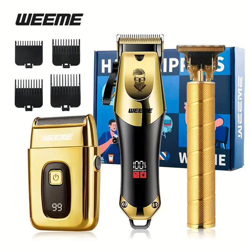 3pcs Professional Men's Grooming Kit: Cordless T-Blade Hair Clippers & Trimmer Set with LCD Display, USB Rechargeable, 2300mAh Battery - Includes Comb, Accessories & Cleaning Tools