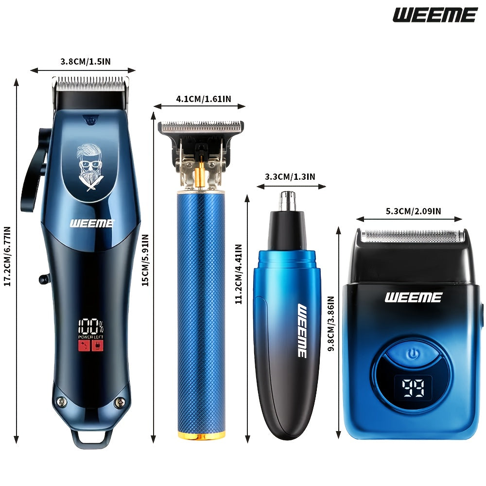 WEEME 4pcs Men's Grooming Kit: Electric Hair Clipper, Nose Trimmer, Shaver & Lithium Battery Set with USB Charging, & 4-in-1 Attachments-like Functionality - Ideal Gift for Men, Beard & Body Hair Care (Blue