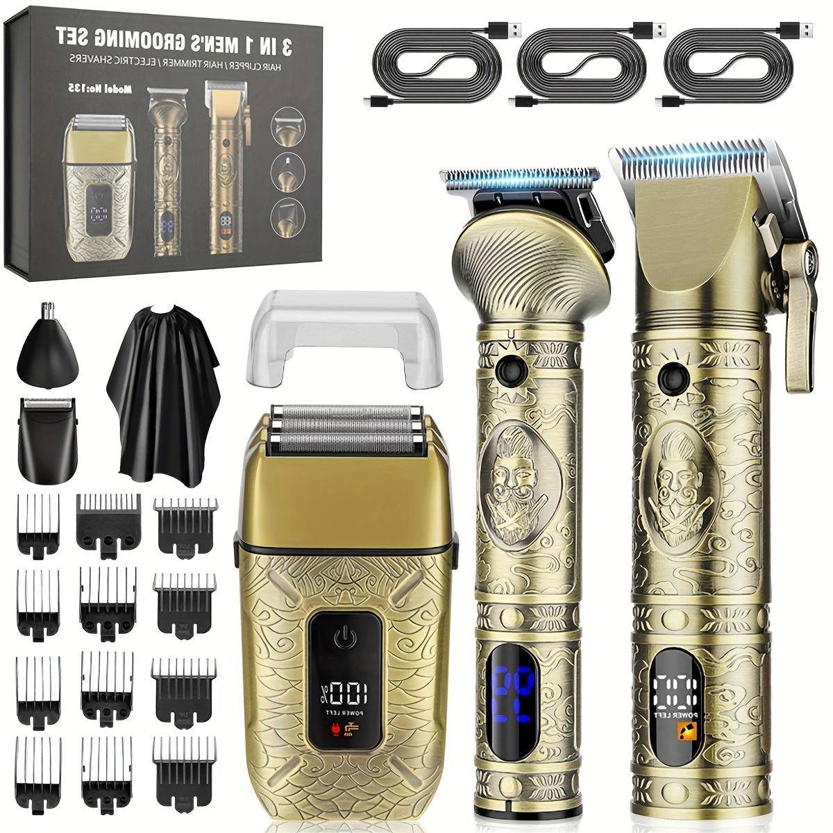 Hair Clippers For Men Professional, 3 In 1 Beard Trimmer Electric Razor Shavers For Men, Nose Hair Trimmer And Detail Trimmer, Cordless Clippers And Trimmers Set Mens Grooming Kit For Gifts