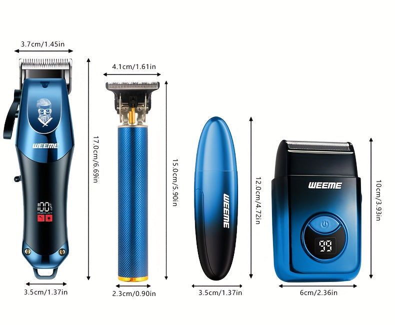 WEEME 4pcs Men's Grooming Kit: Electric Hair Clipper, Nose Trimmer, Shaver & Lithium Battery Set with USB Charging, & 4-in-1 Attachments-like Functionality - Ideal Gift for Men, Beard & Body Hair Care (Blue