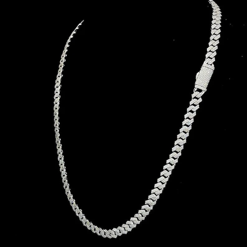 6MM 925 Sterling Silver Round Cut Moissanite Diamond Cuban Chain Necklace Iced Out Statement Gift for Hip Hop Party Jewelry