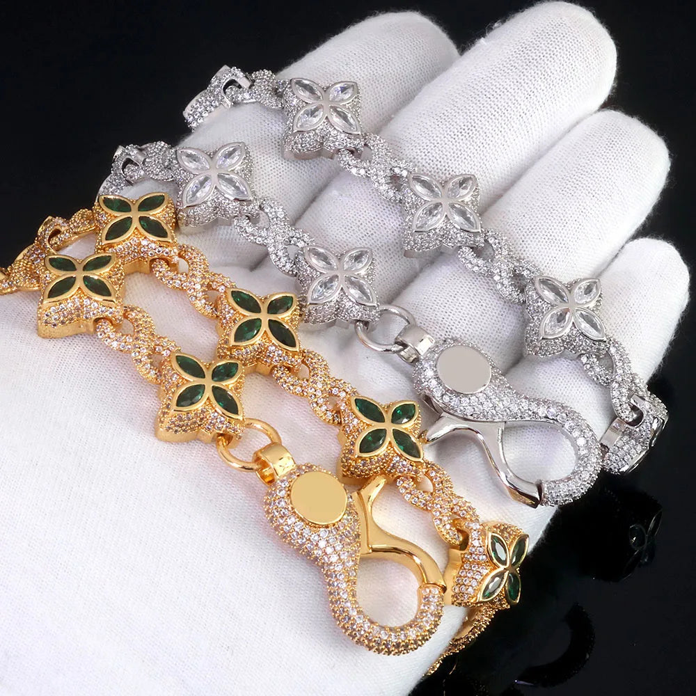 NUOYA Luxury Silver Plated Cuban Pants Chain Iced Out Flower Cross Four Leaf Clover Infinity Design Diamond Hip Hop Jewelry