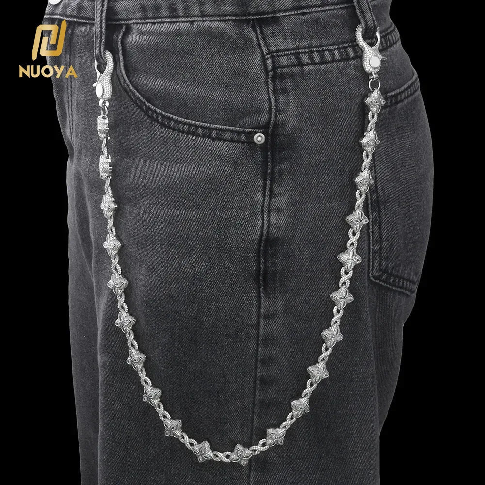 NUOYA Luxury Silver Plated Cuban Pants Chain Iced Out Flower Cross Four Leaf Clover Infinity Design Diamond Hip Hop Jewelry