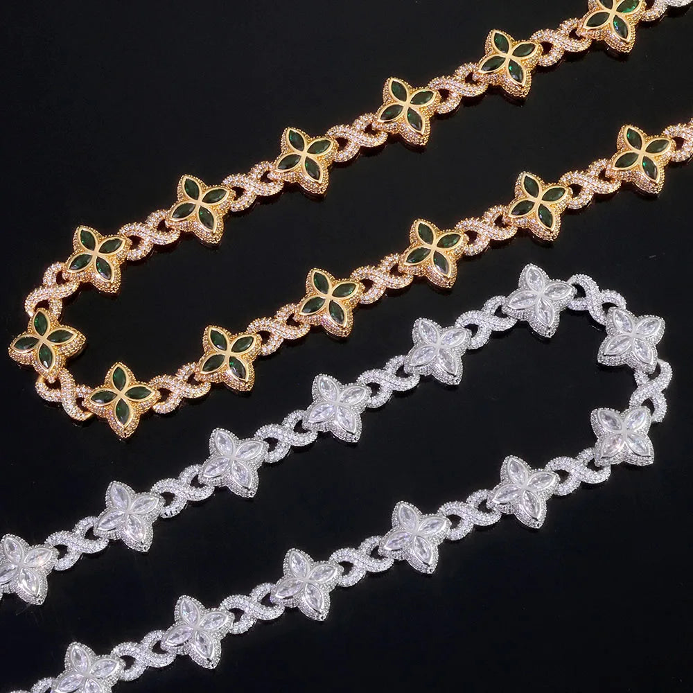 NUOYA Luxury Silver Plated Cuban Pants Chain Iced Out Flower Cross Four Leaf Clover Infinity Design Diamond Hip Hop Jewelry