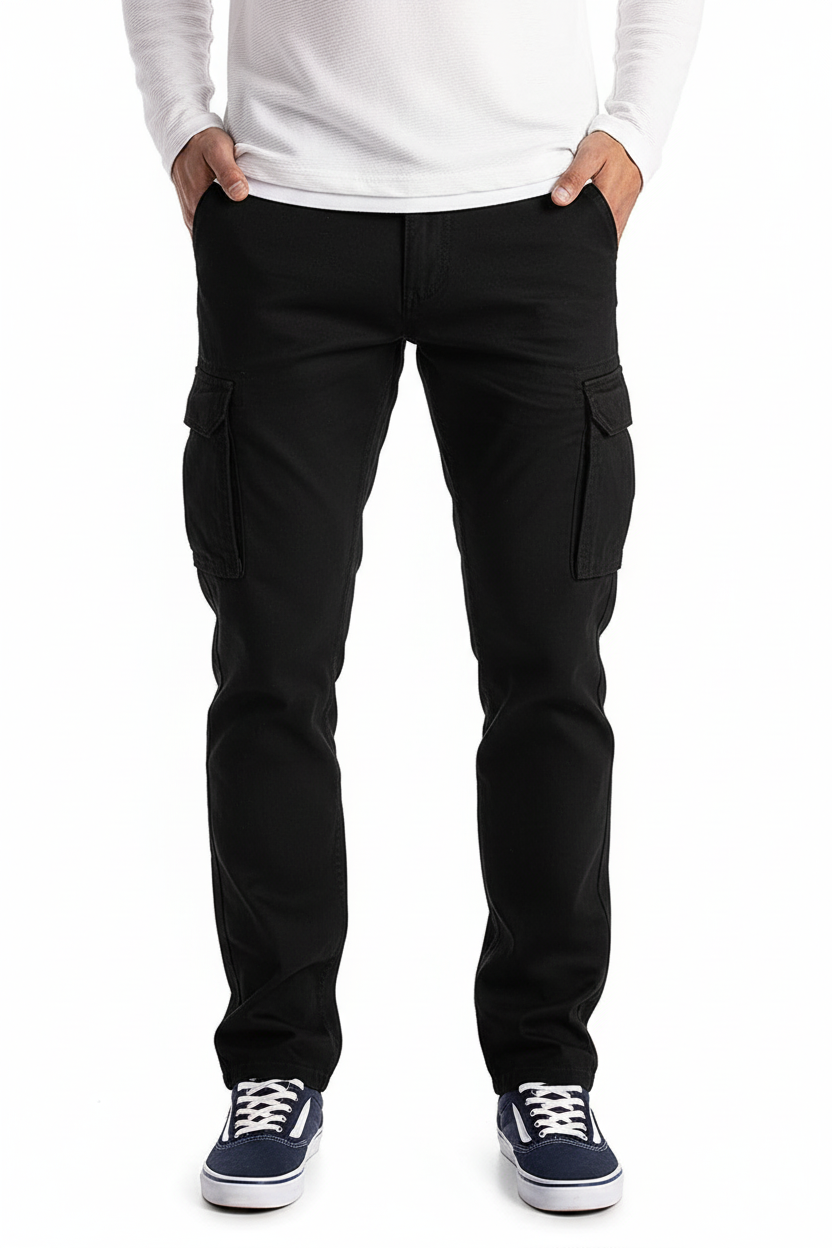 Men's Casual Black Cotton Cargo Pants 