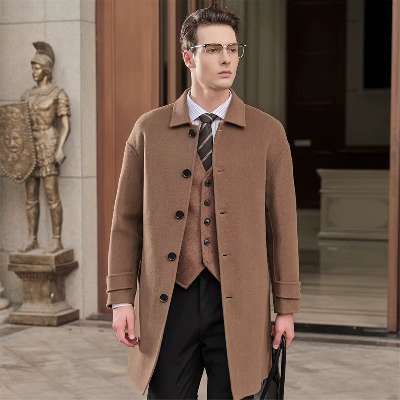 Men's pure wool slim fit overcoat in camel color, tailored with a classic collar, button closure, and knee-length design, perfect for business casual or formal wear.