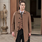 Men's pure wool slim fit overcoat in camel color, tailored with a classic collar, button closure, and knee-length design, perfect for business casual or formal wear.