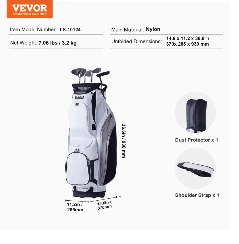 VEVOR Golf Cart Bag with 14 Way Organizer Divider Top, 36' 13 Pockets Premium Nylon Cart Bag, Durable Golf Bags with Handles