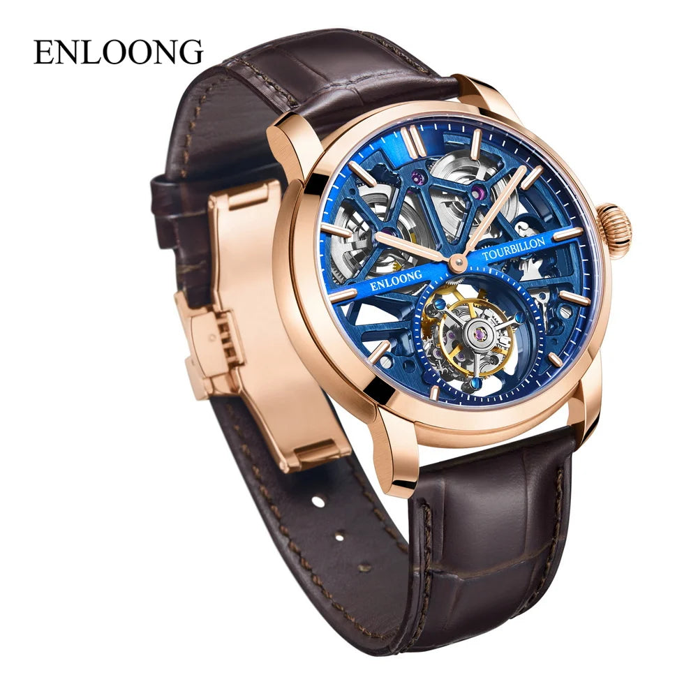 ENLOONG Skeleton Watch Men's Sapphire Luxury Tourbillon Watch Mechanical Wristwatches 316L Stainless Steel Watch