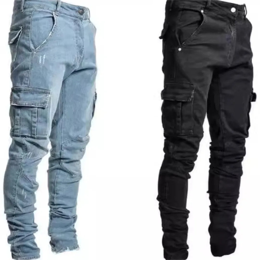 Men's Trendy Washed High Street Side Pocket Jeans Print Pattern Summer Trousers Belt Trendy Washed Tight Denim Pants