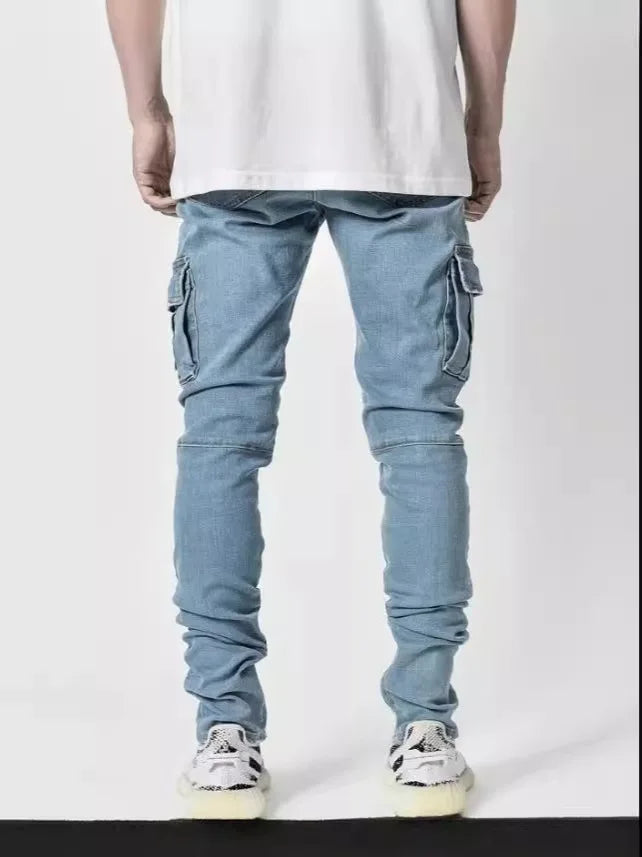 Men's Trendy Washed High Street Side Pocket Jeans Print Pattern Summer Trousers Belt Trendy Washed Tight Denim Pants