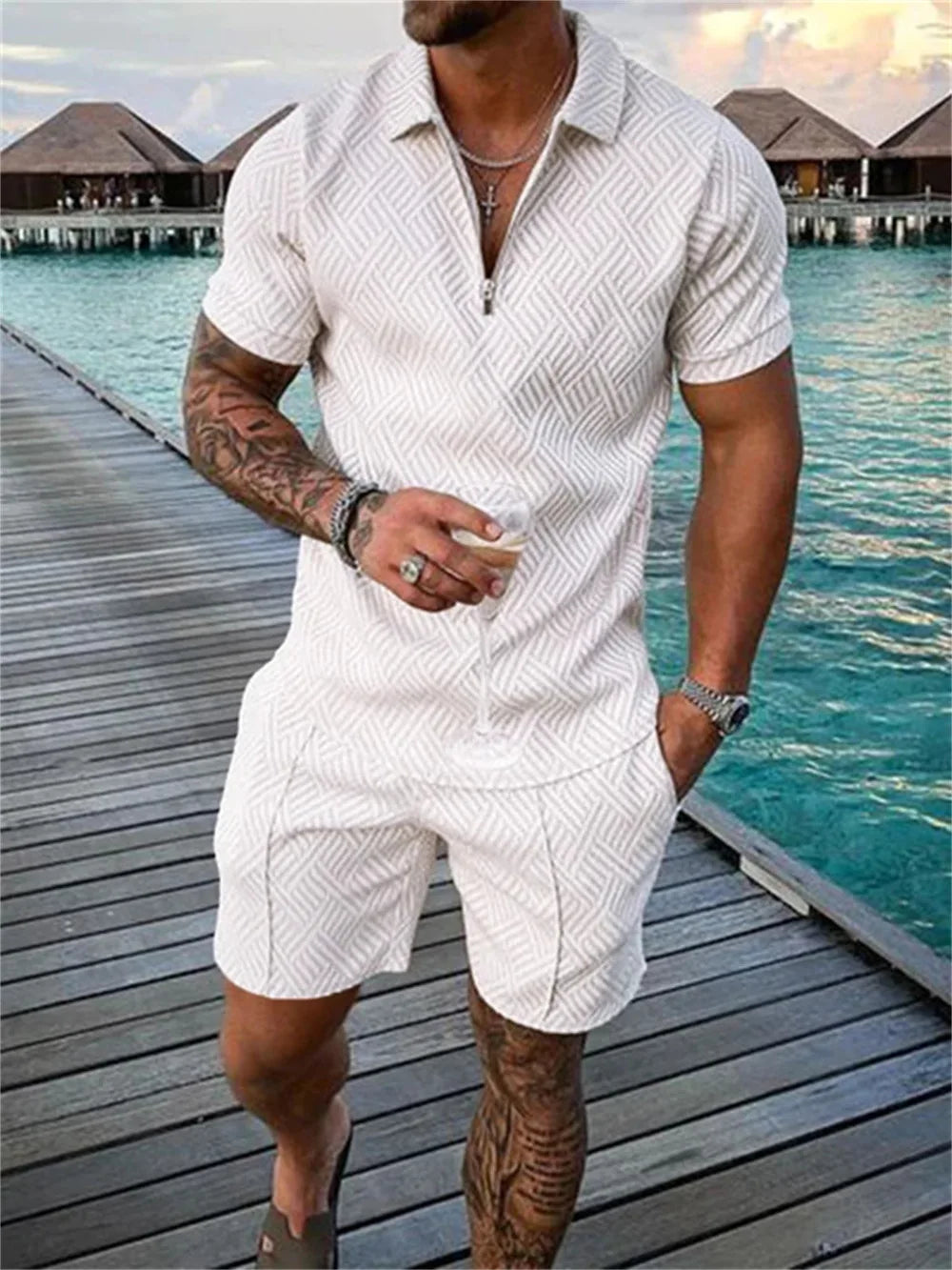 Wholesale Casual Shirt Set Summer Printed Short-sleeved Shirt Shorts Set Men Polo Shirt Set