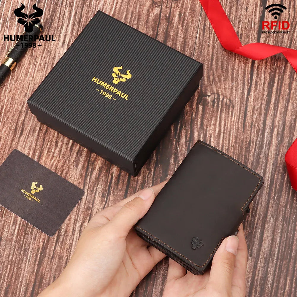 HUMERPAUL Cowhide Aluminum Pop up RFID Credit Card Holder Wallet for Men Women  Crazy Horse Leather Wallet with Zip Coin Purse