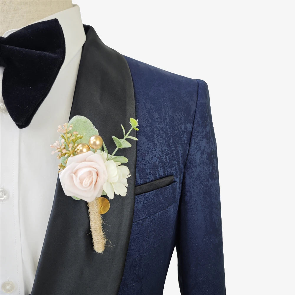 Navy Blue Slim Fit One Button Tuxedo Groomsmen Two Slits Business Men Suits 3 Piece Groom Printing Wedding Suits for Men MS3218