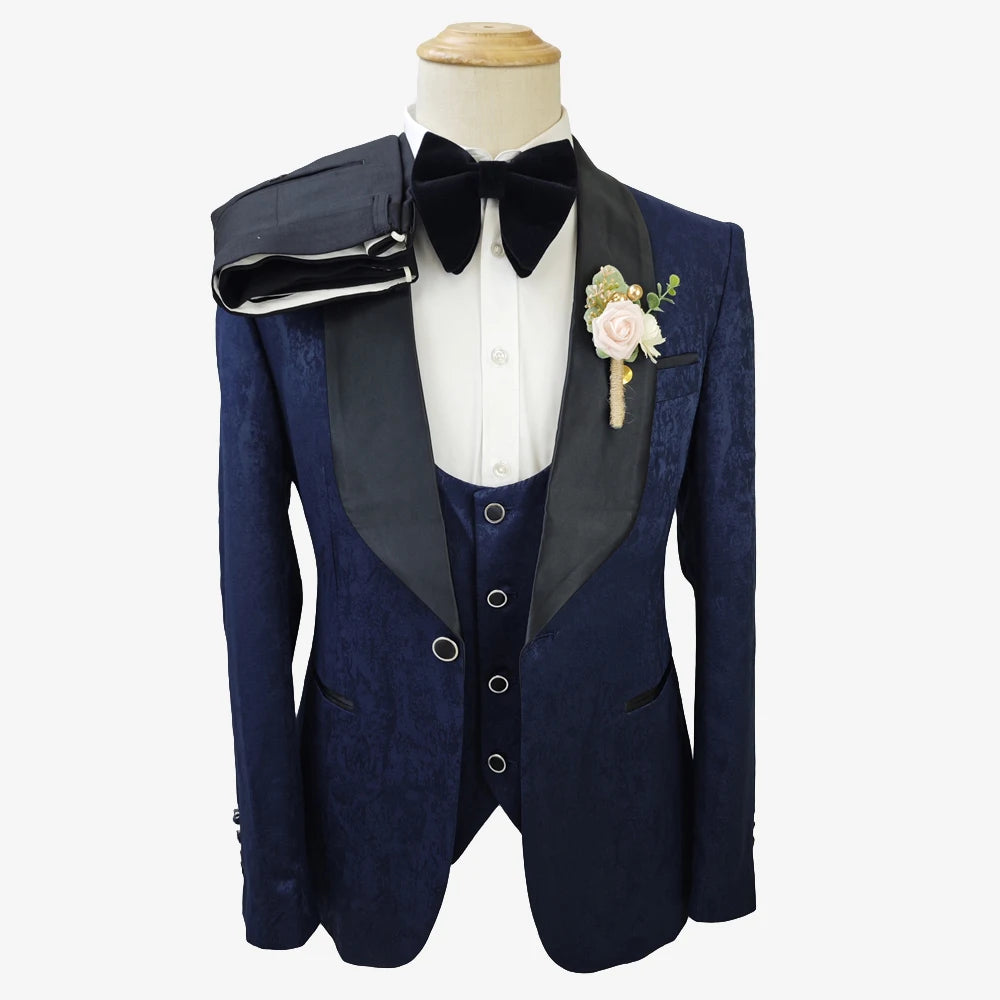 Navy Blue Slim Fit One Button Tuxedo Groomsmen Two Slits Business Men Suits 3 Piece Groom Printing Wedding Suits for Men MS3218