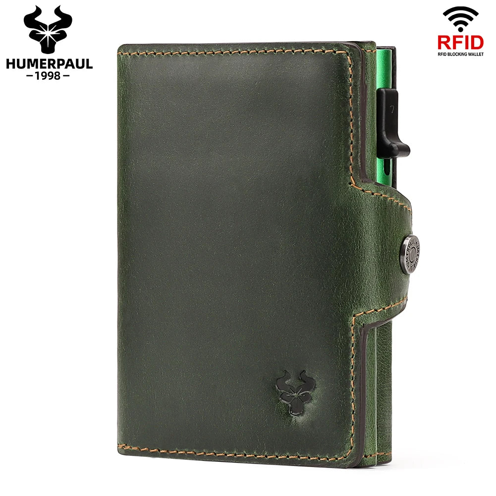 HUMERPAUL Cowhide Aluminum Pop up RFID Credit Card Holder Wallet for Men Women  Crazy Horse Leather Wallet with Zip Coin Purse